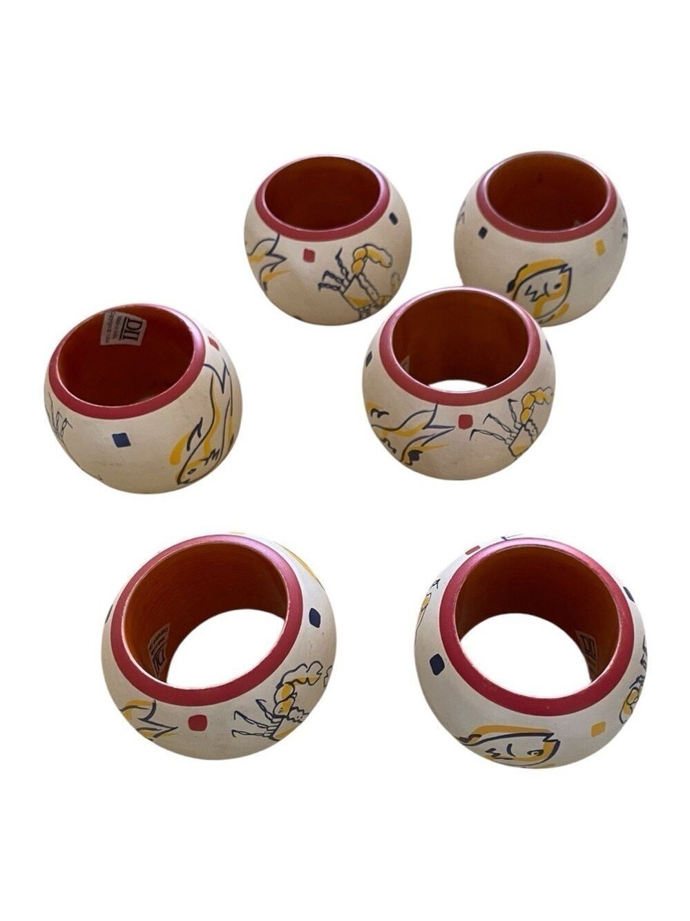 Set of 6 Vintage DII Napkin Rings Crabs & Fishes Beige & Ivory Beach